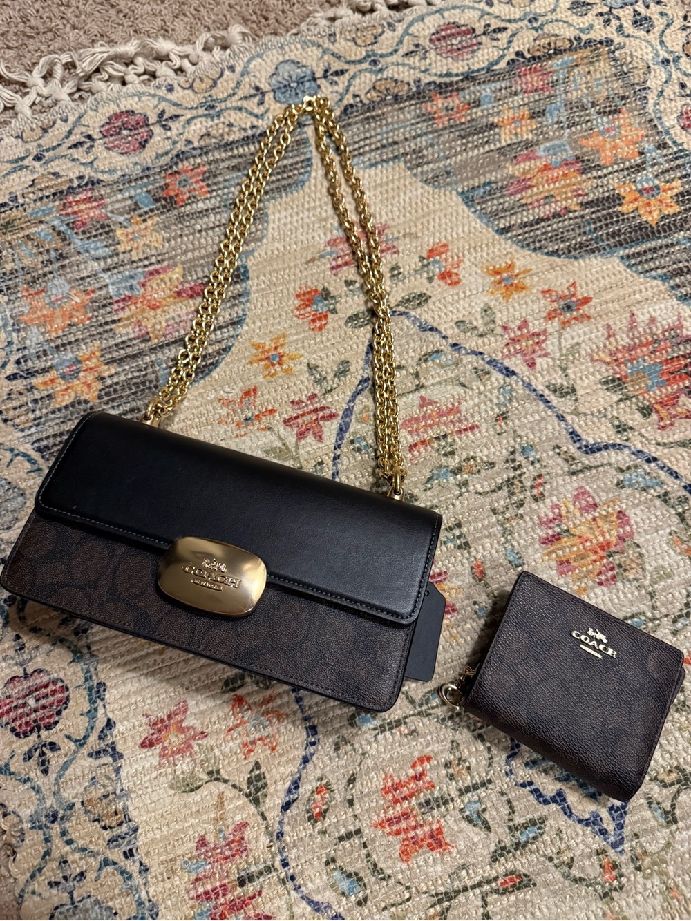 Coach Two-Tone Black and Brown Shoulder Bag with Gold Chain